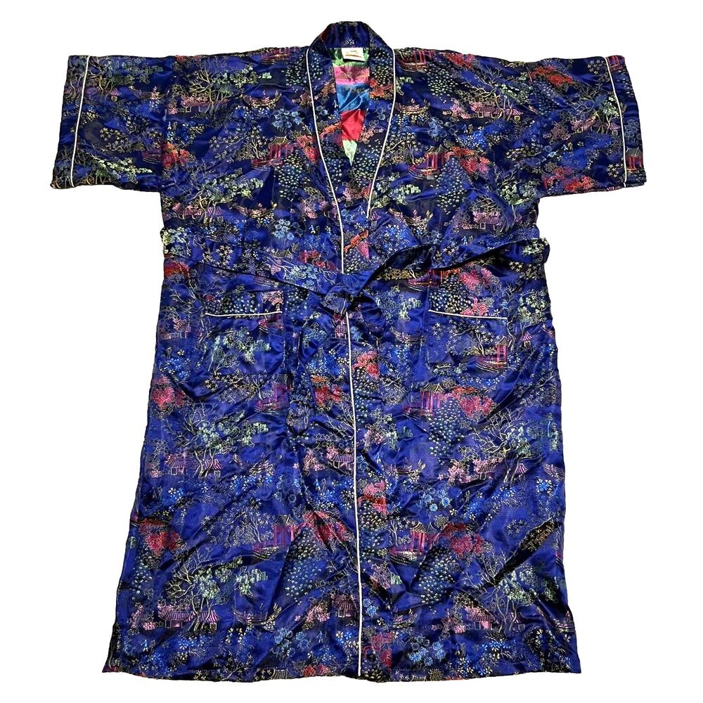 Kimono Robe Asian Motif DA HWA Womens Short Vintage Size 16 Blue Silky Feel